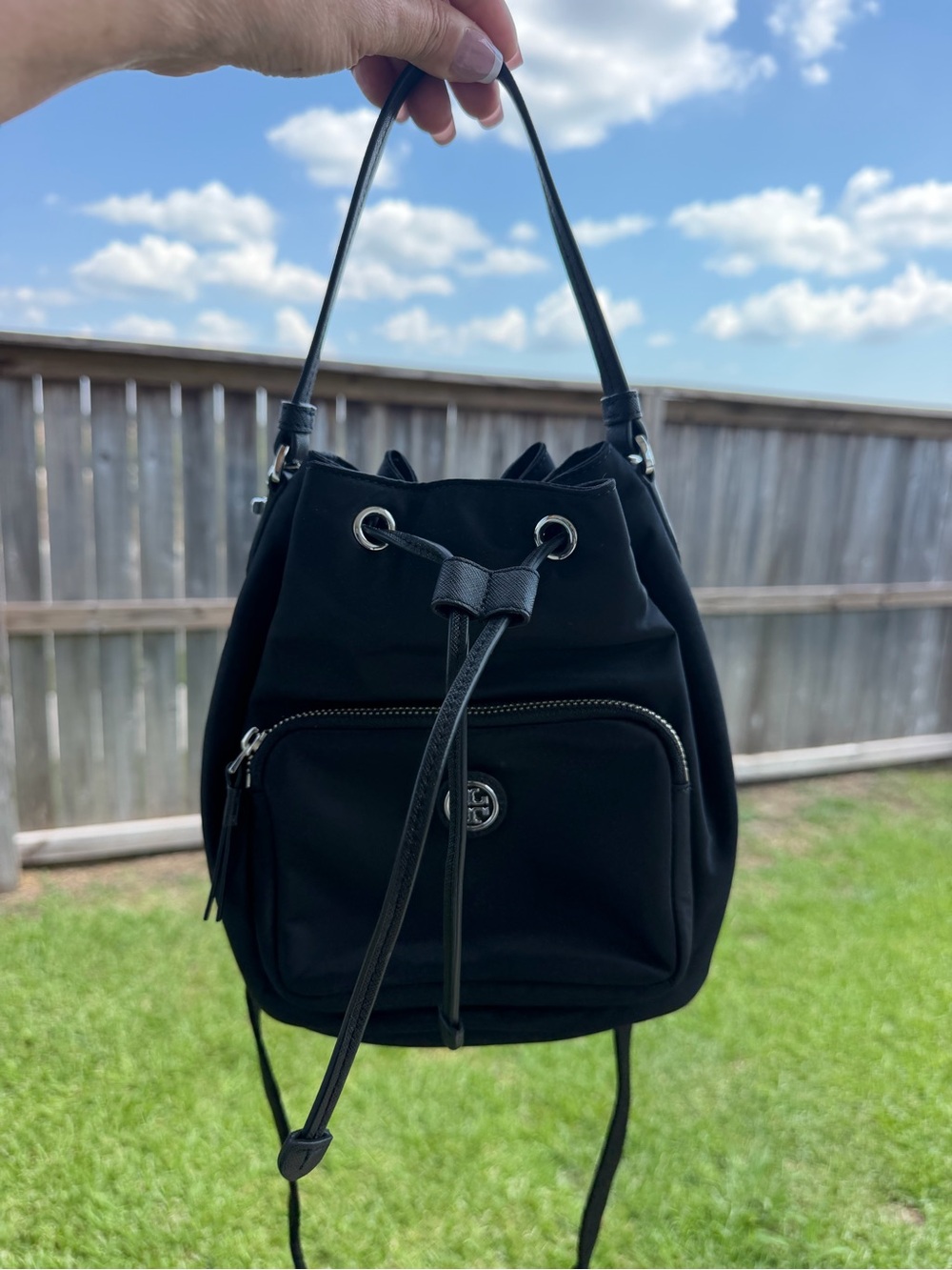 Tory Burch Black Nylon Drawstring Bucket Crossbody